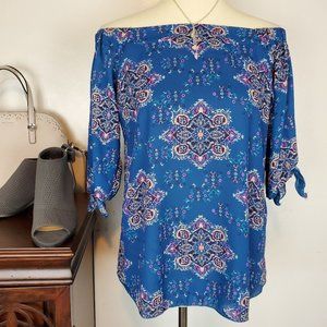 Renee C. Off Shoulder Tie Sleeve Medallion Print Top, Size S
